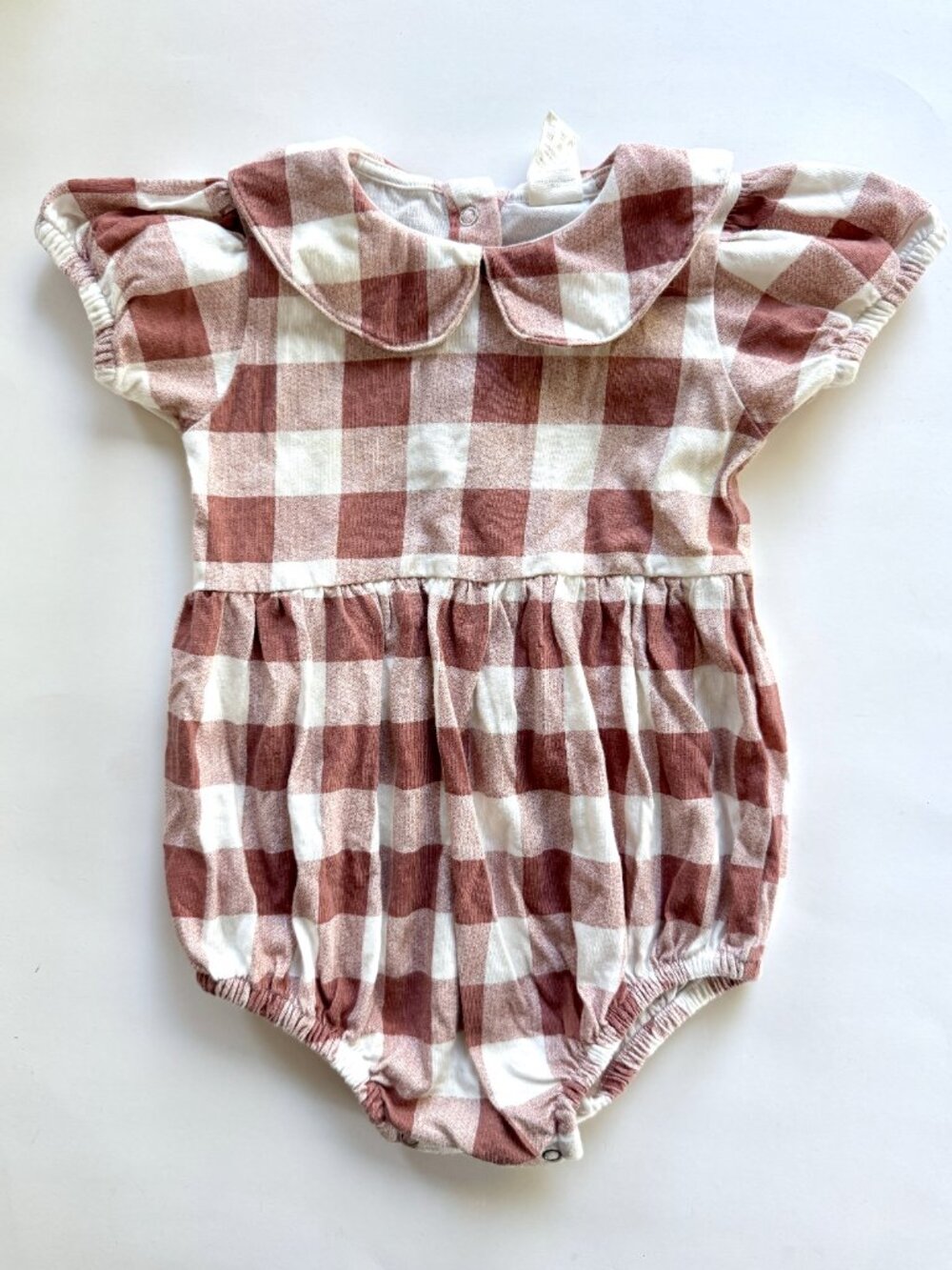 Kate Quinn Peter Pan Collar Gingham Bubble Romper Puff Sleeve 6-12M